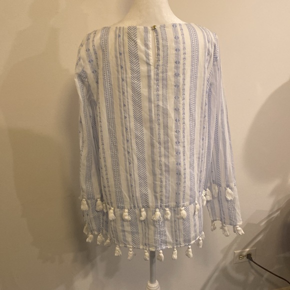 SAIL to SABLE white with blue stripes cotton blouse with pom poms  size Large - Picture 6 of 11